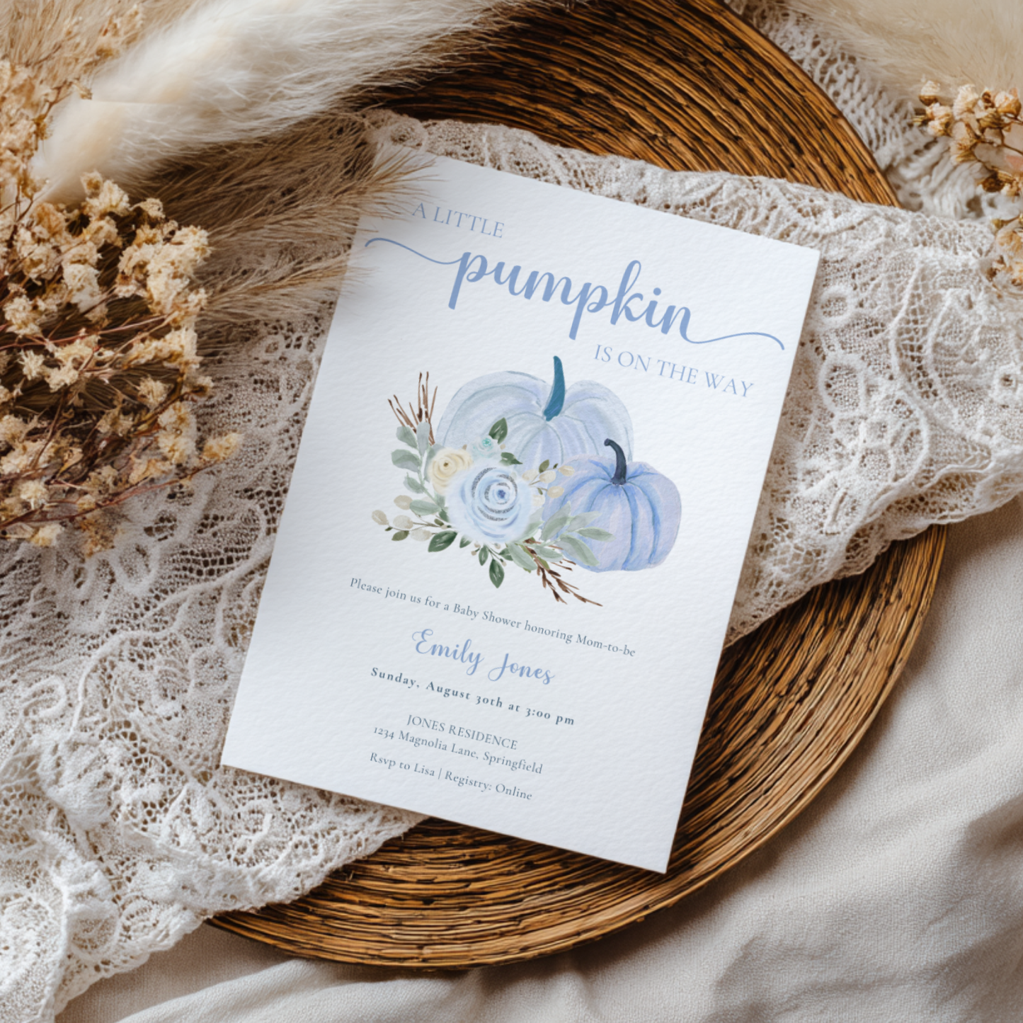 Baby Shower Invitation - Little Pumpkin is On The Way Dusty Blue Floral Fall BS179