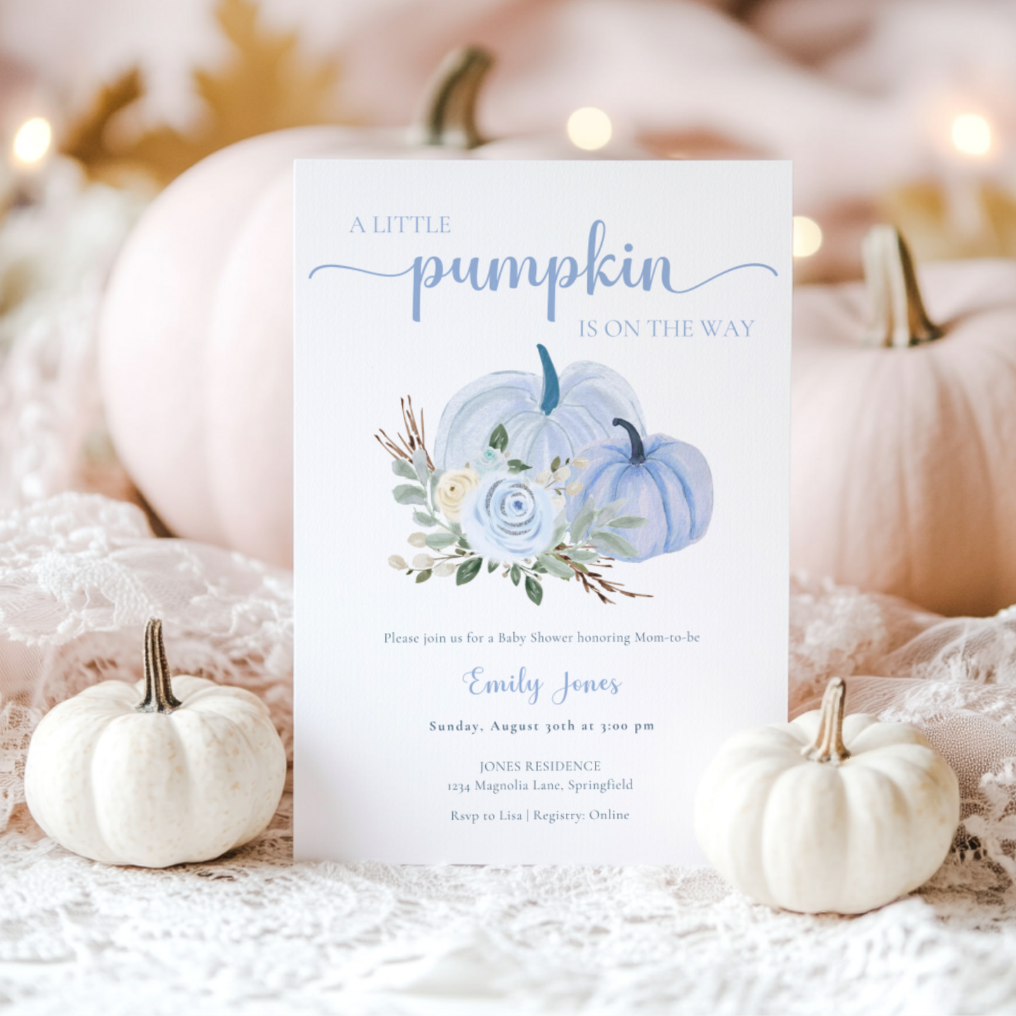 Baby Shower Invitation - Little Pumpkin is On The Way Dusty Blue Floral Fall BS179