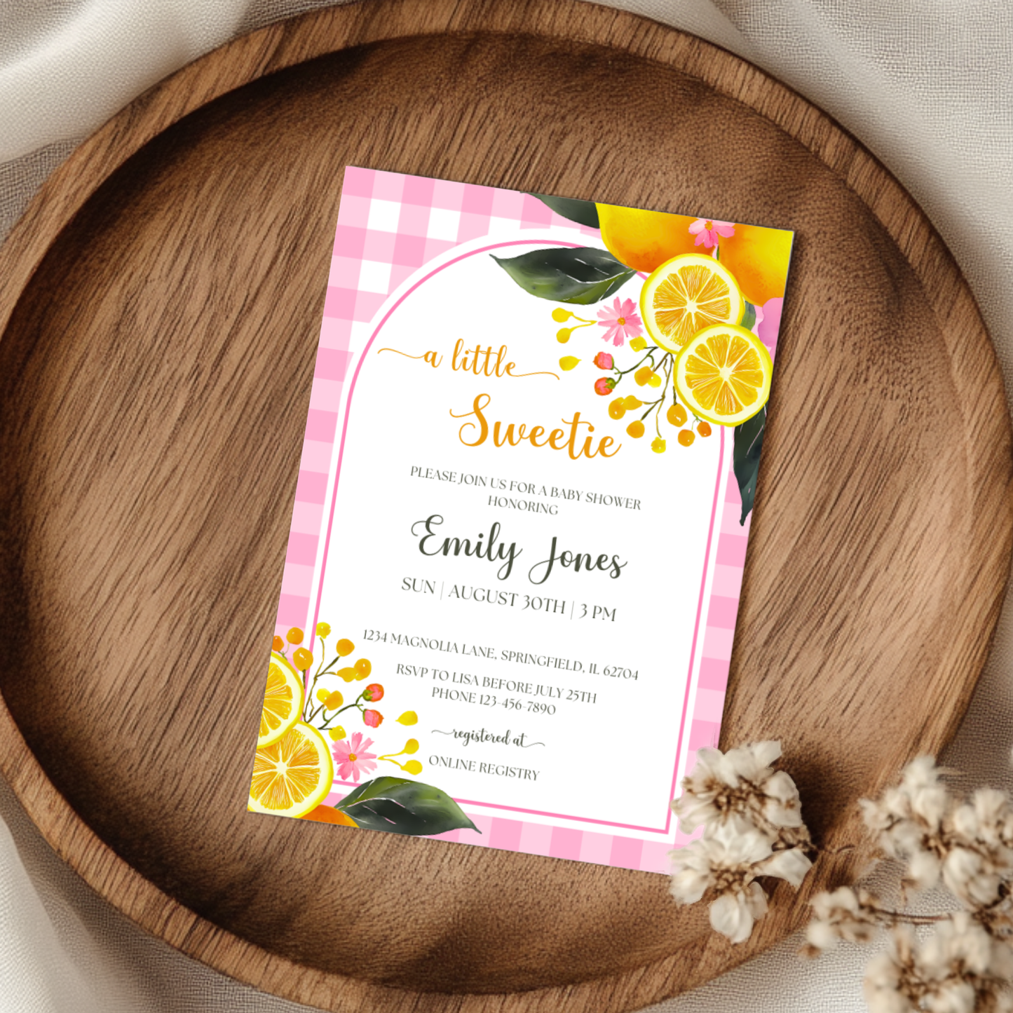 Baby Shower Invitation - Lemon Pink Gingham BS116