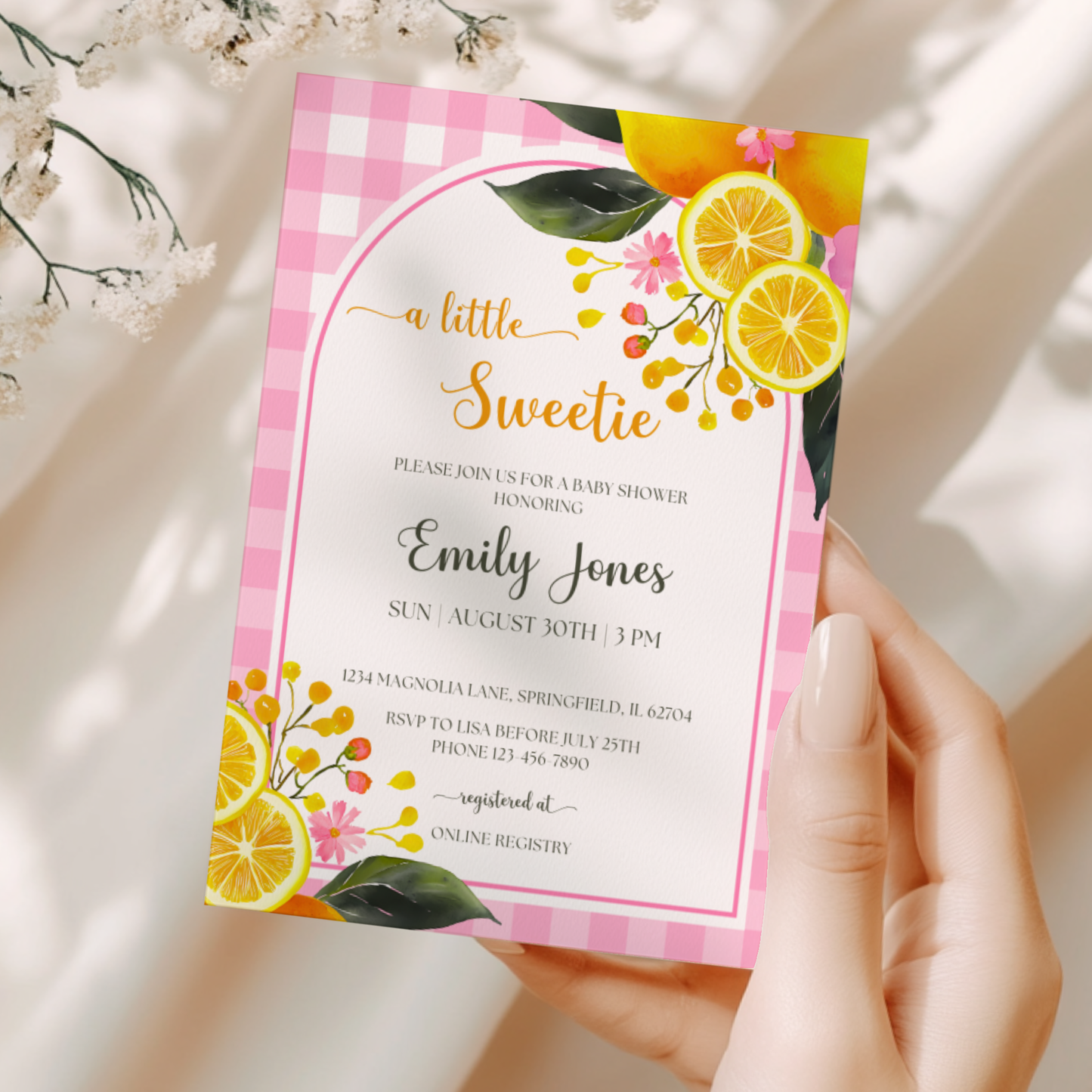 Baby Shower Invitation - Lemon Pink Gingham BS116