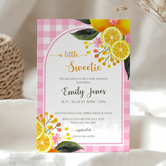 Baby Shower Invitation - Lemon Pink Gingham BS116