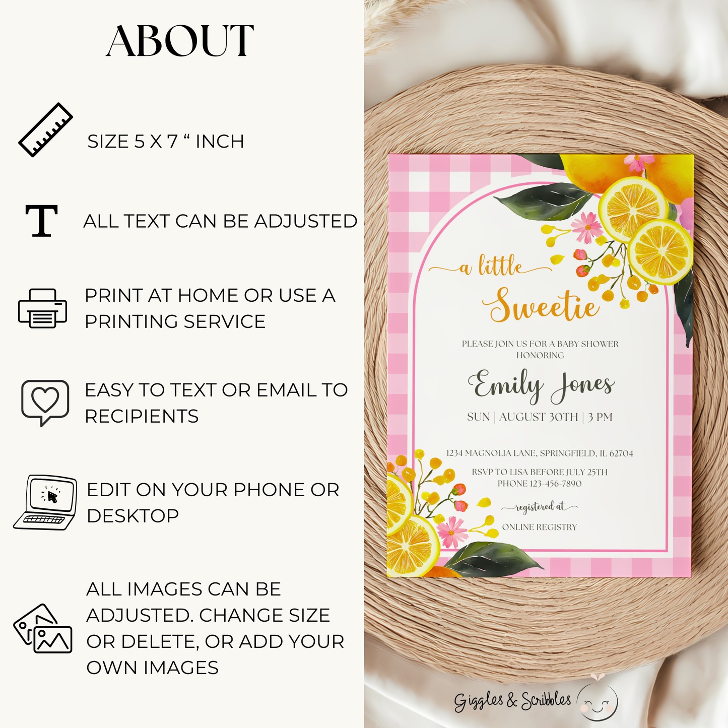 Baby Shower Invitation - Lemon Pink Gingham BS116