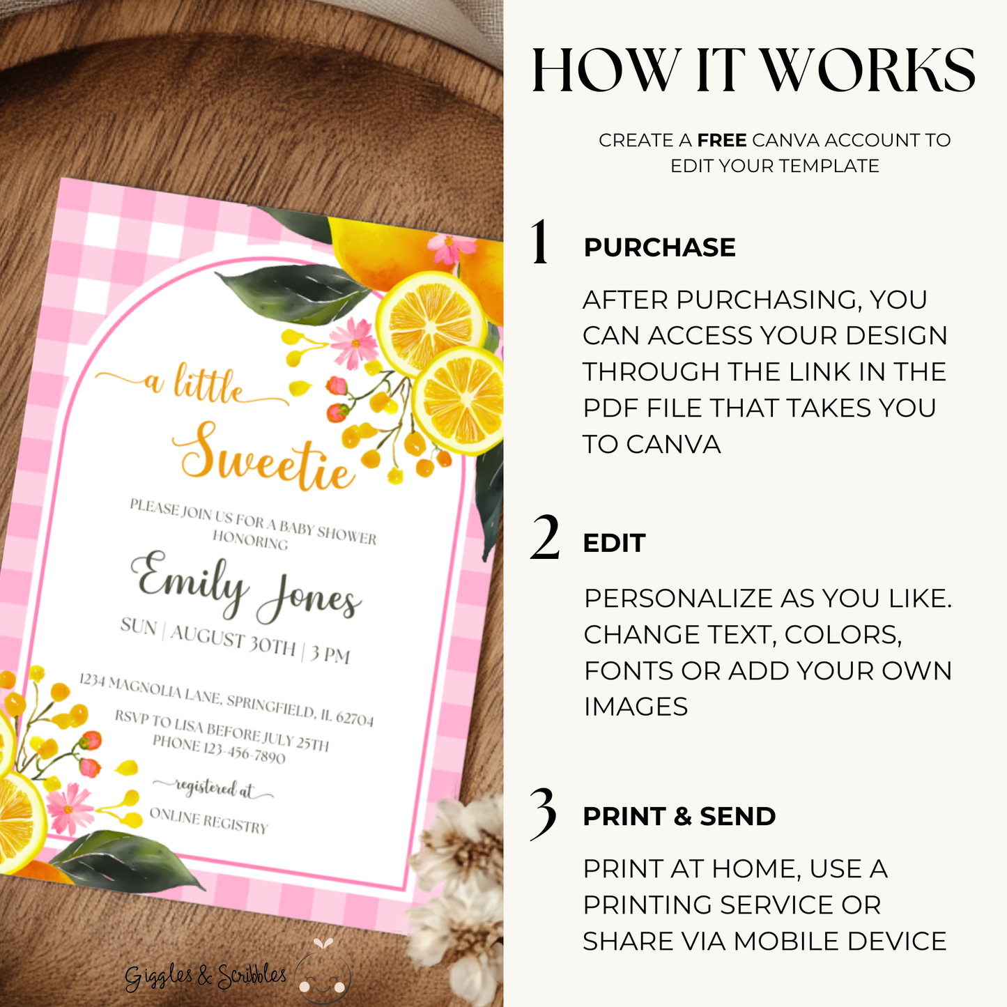 Baby Shower Invitation - Lemon Pink Gingham BS116