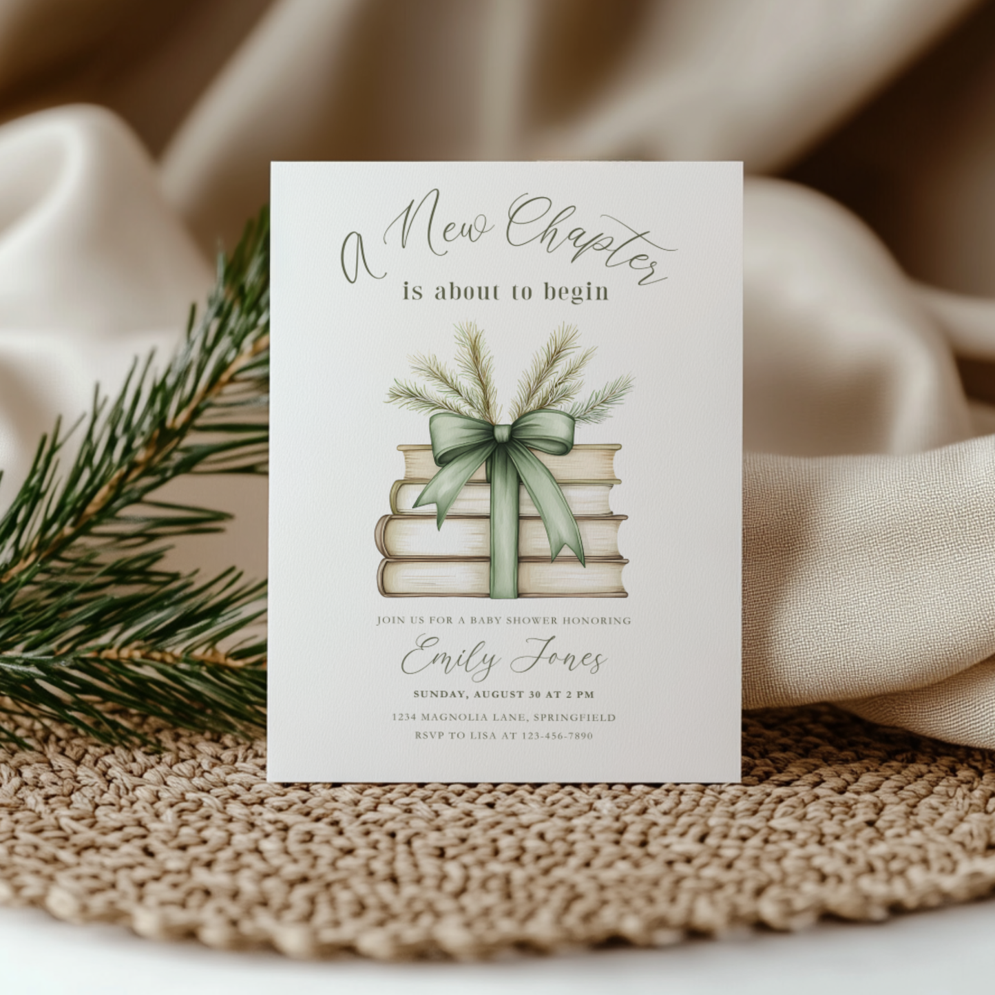 Baby Shower Invitation - A New Chapter Green Winter Pine Theme BS241