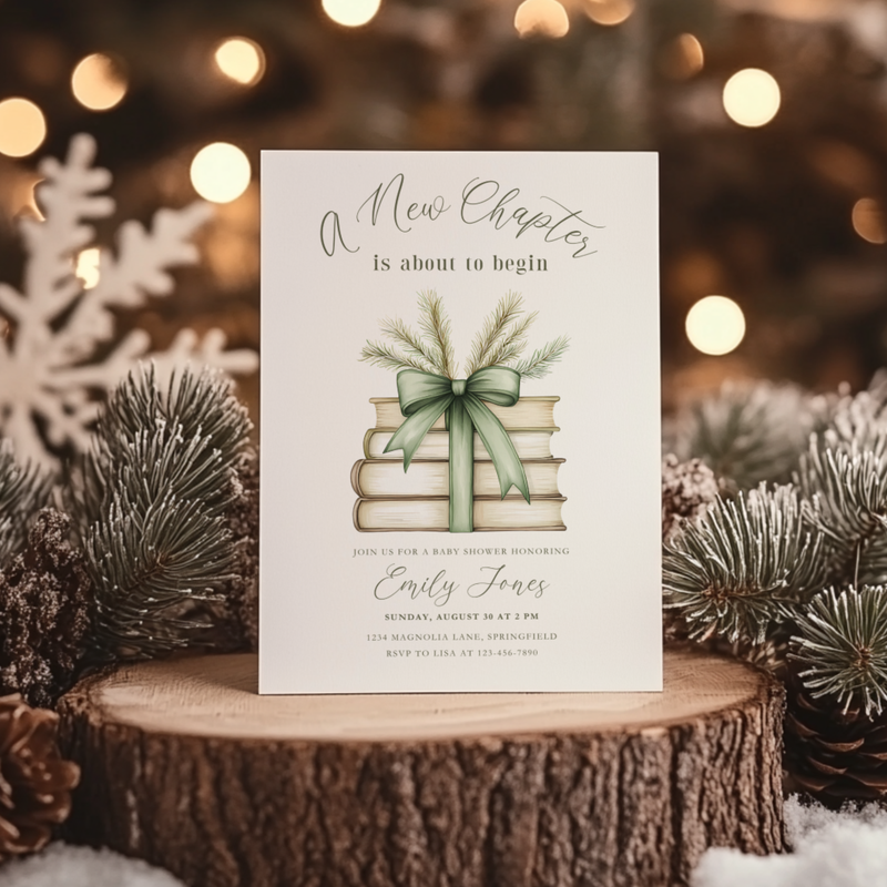 Baby Shower Invitation - A New Chapter Green Winter Pine Theme BS241