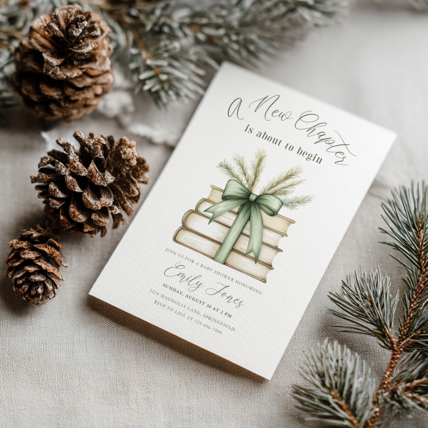 Baby Shower Invitation - A New Chapter Green Winter Pine Theme BS241