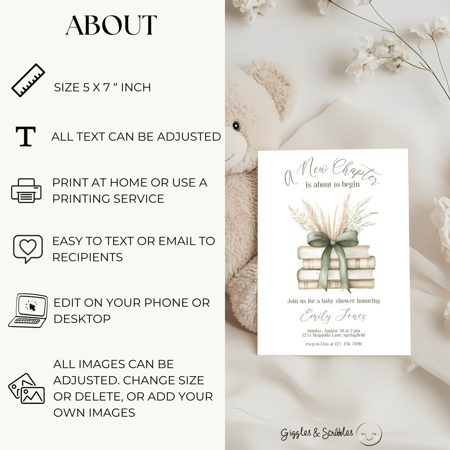 Baby Shower Invitation - A New Chapter Storybook Beige Green with Bow BS72