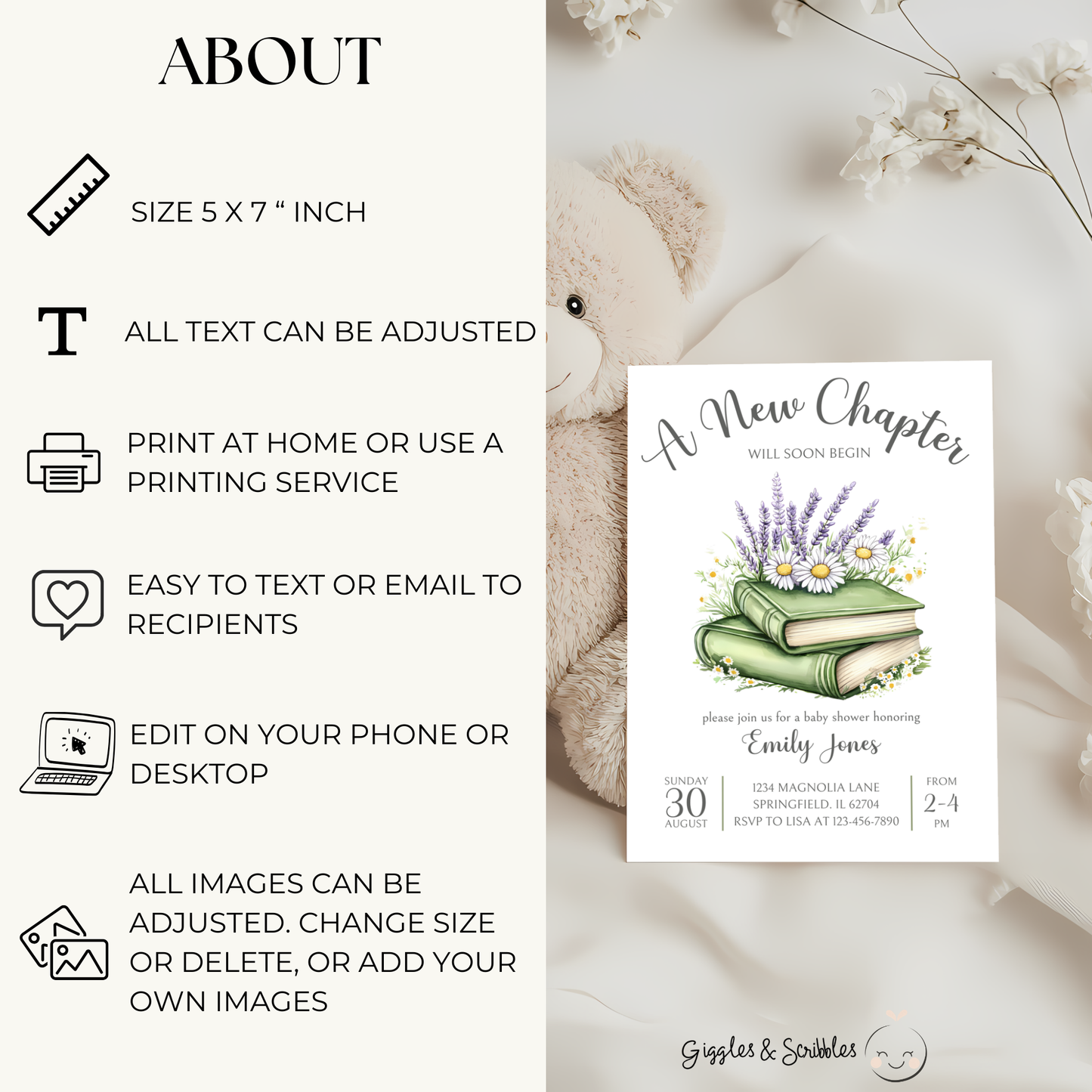 Baby Shower Invitation - A New Chapter Storybook Library Theme Green with Wildflowers BS73