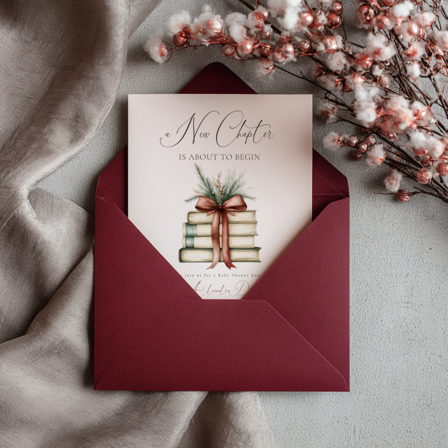Baby Shower Invitation - A New Chapter Christmas Red Bow L21