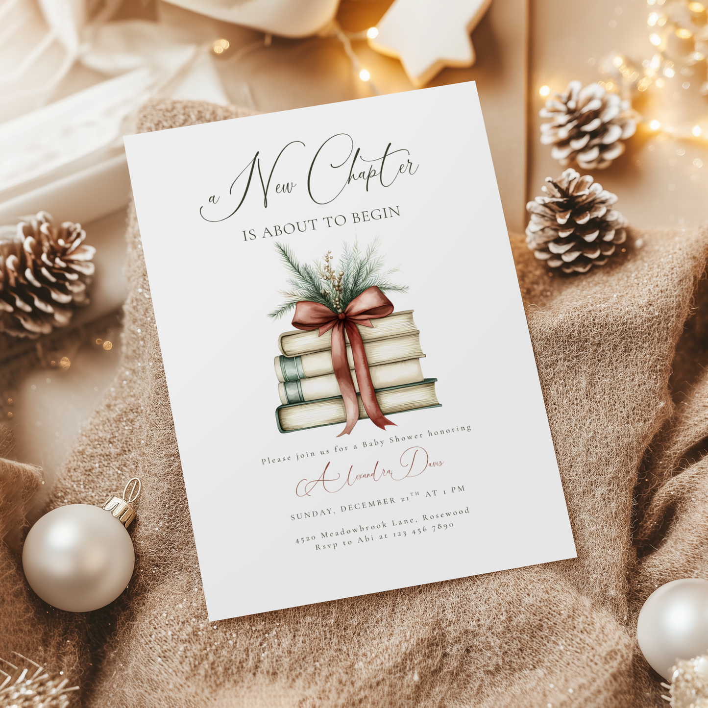 Baby Shower Invitation - A New Chapter Christmas Red Bow L21