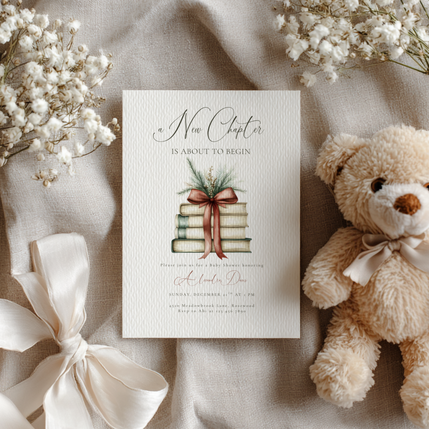 Baby Shower Invitation - A New Chapter Christmas Red Bow L21