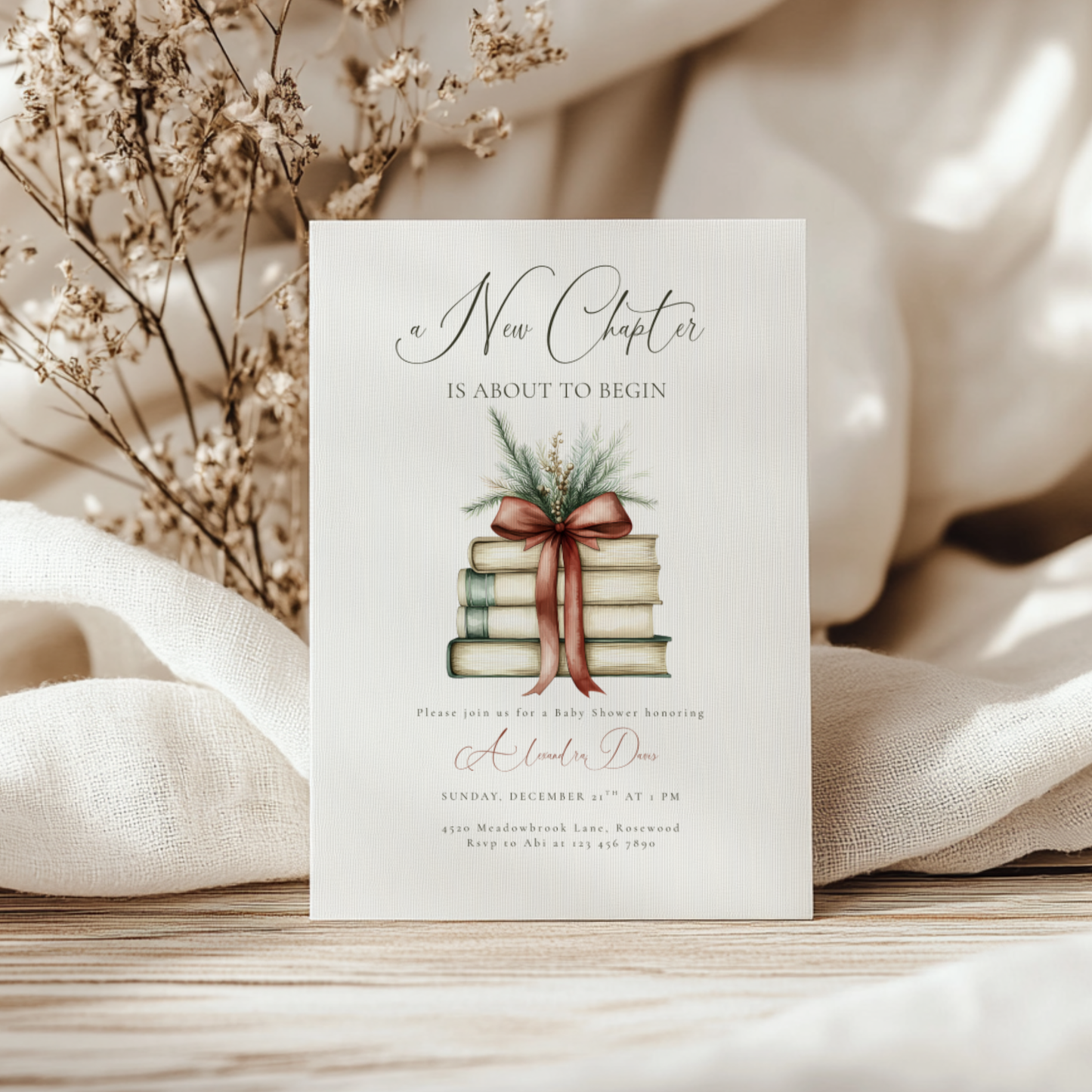 Baby Shower Invitation - A New Chapter Christmas Red Bow L21