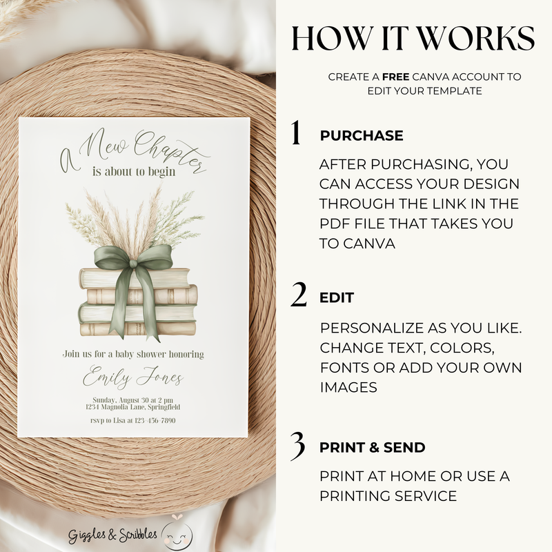 Baby Shower Invitation Bundle - A New Chapter Storybook Beige Green with Bow BS72