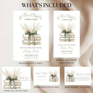 Baby Shower Invitation Bundle - A New Chapter Storybook Beige Green with Bow BS72