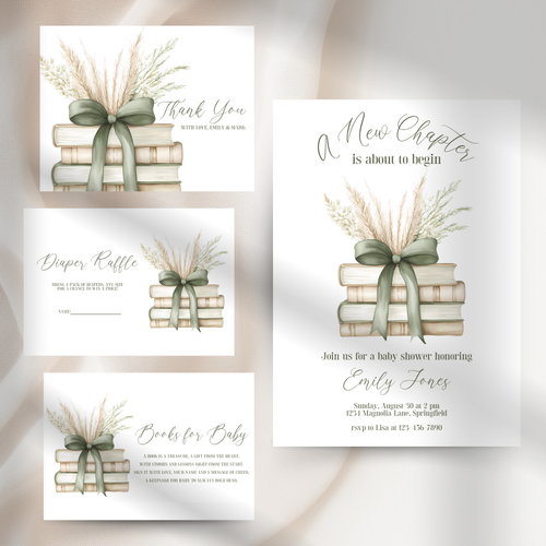 Baby Shower Invitation Bundle - A New Chapter Storybook Beige Green with Bow BS72