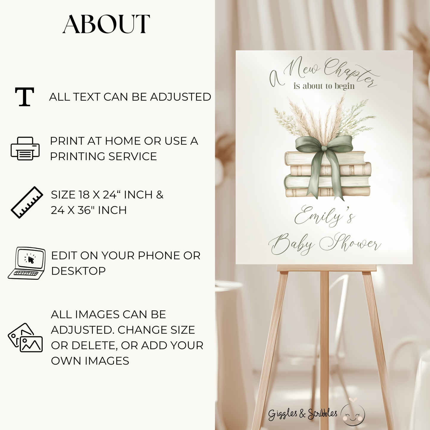 Baby Shower Welcome Sign - A New Chapter Sage Green Storybook BS72