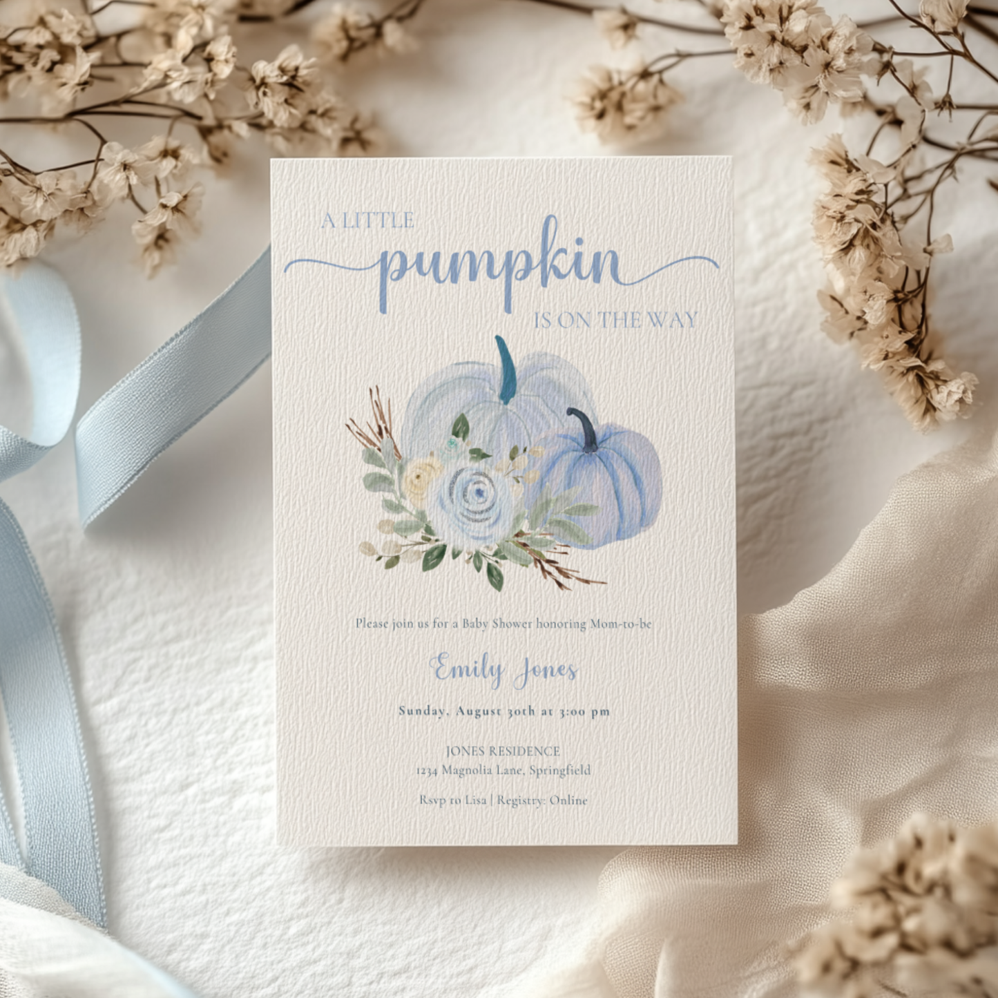 Baby Shower Invitation - Little Pumpkin is On The Way Dusty Blue Floral Fall BS179