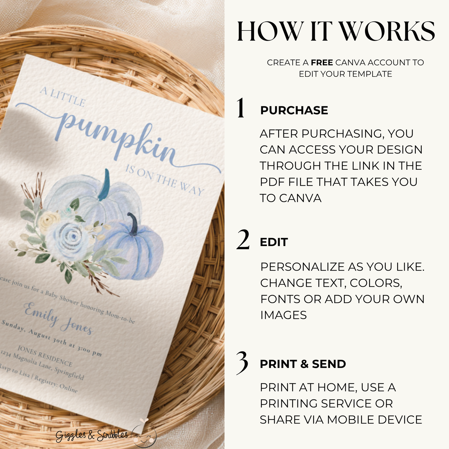 Baby Shower Invitation - Little Pumpkin is On The Way Dusty Blue Floral Fall BS179