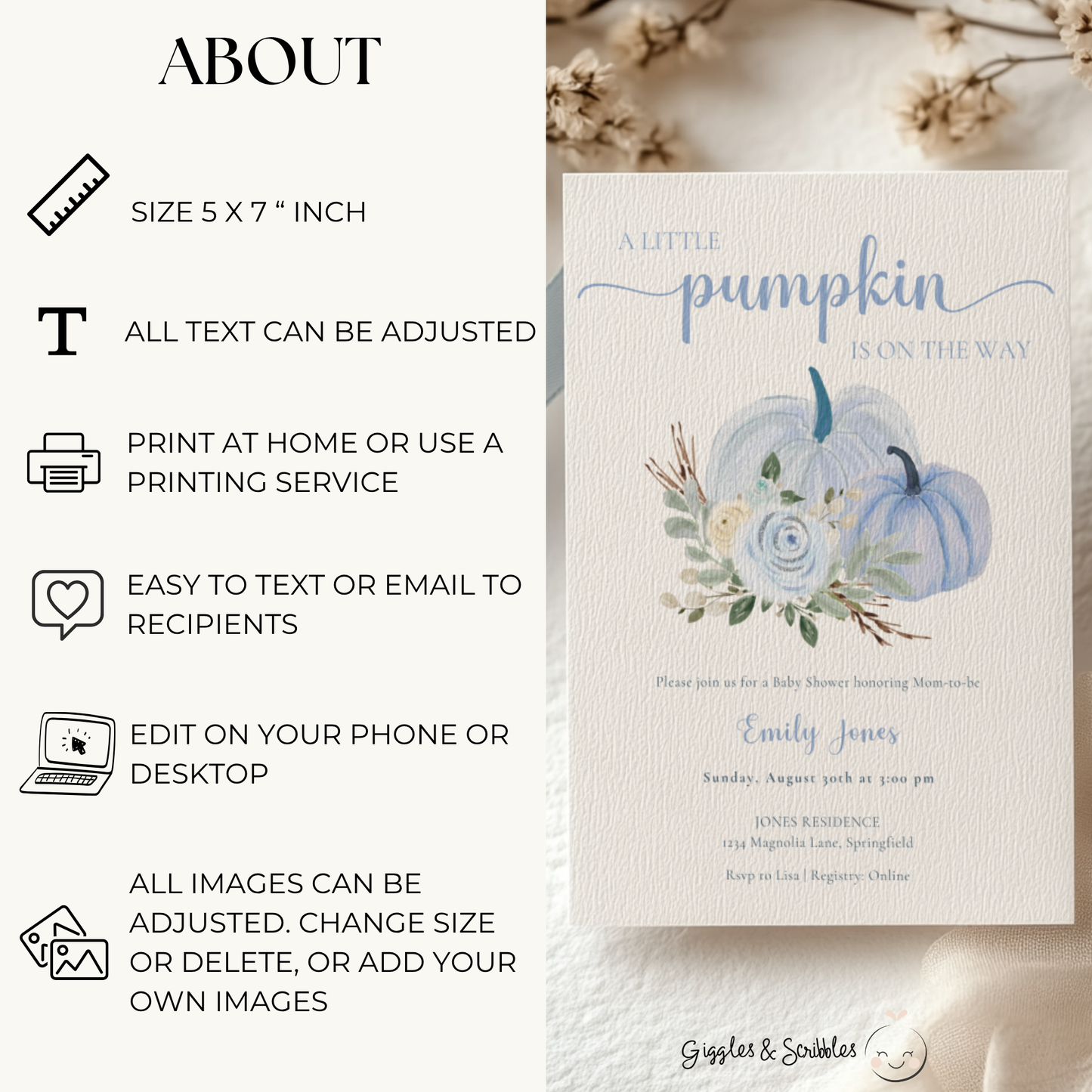 Baby Shower Invitation - Little Pumpkin is On The Way Dusty Blue Floral Fall BS179
