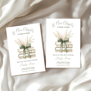 Baby Shower Invitation - A New Chapter Storybook Beige Green with Bow BS72