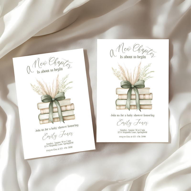 Baby Shower Invitation - A New Chapter Storybook Beige Green with Bow BS72