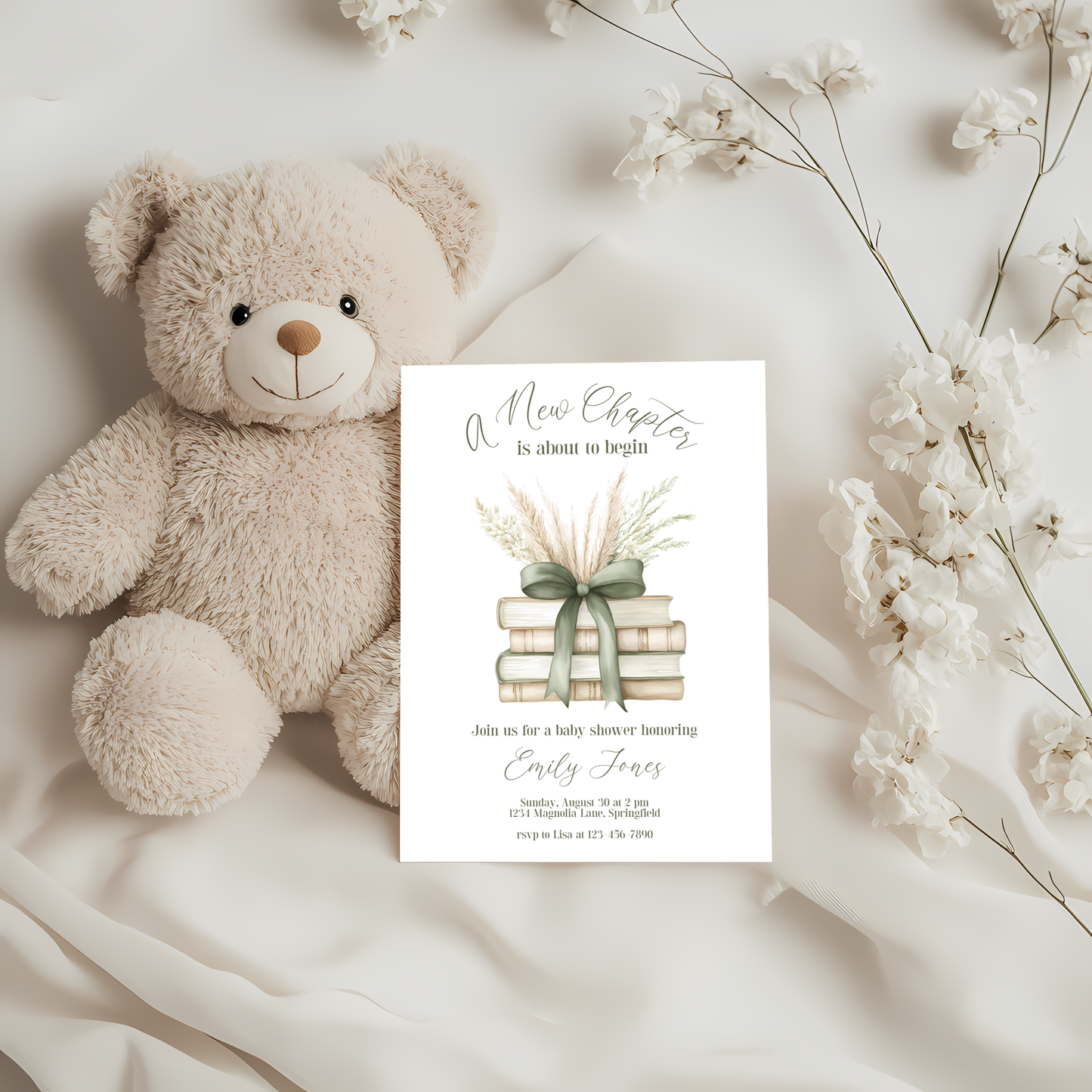Baby Shower Invitation - A New Chapter Storybook Beige Green with Bow BS72