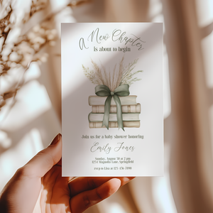 Baby Shower Invitation - A New Chapter Storybook Beige Green with Bow BS72
