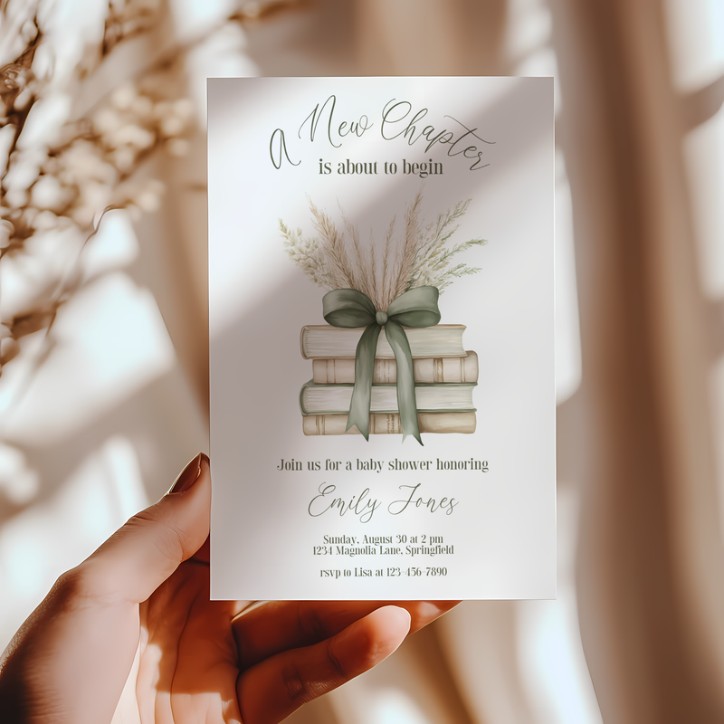 Baby Shower Invitation - A New Chapter Storybook Beige Green with Bow BS72