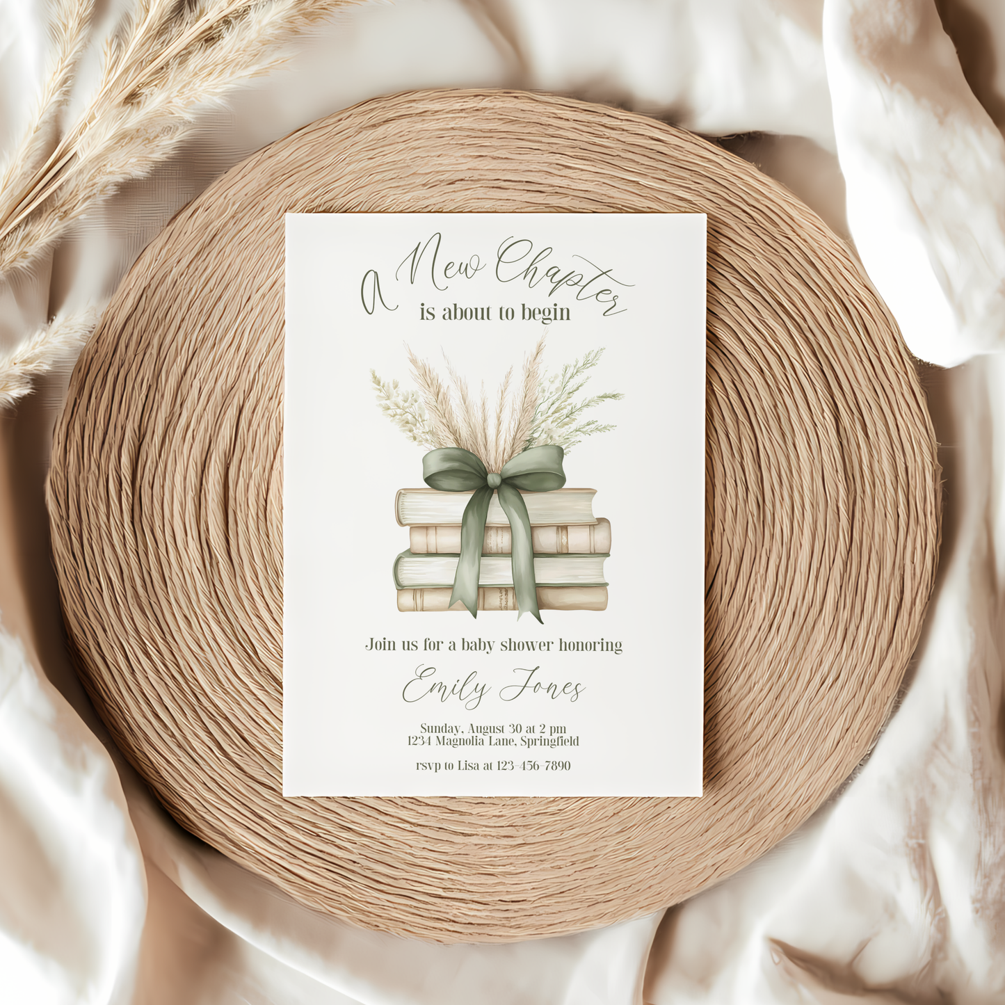 Baby Shower Invitation - A New Chapter Storybook Beige Green with Bow BS72