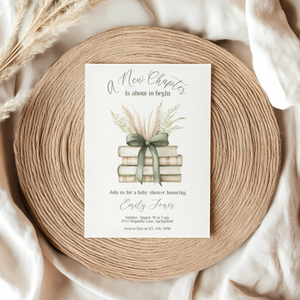 Baby Shower Invitation - A New Chapter Storybook Beige Green with Bow BS72