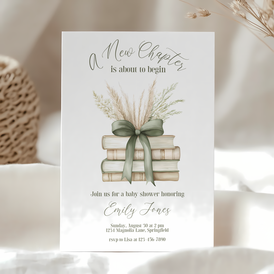 Baby Shower Invitation - A New Chapter Storybook Beige Green with Bow BS72
