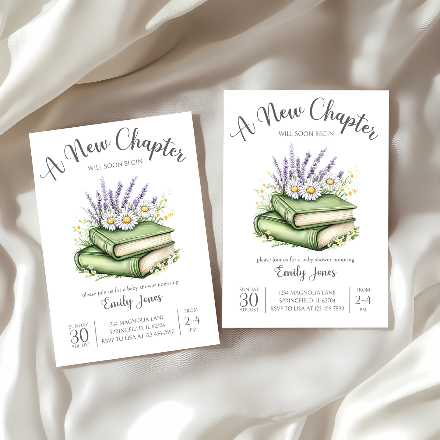 Baby Shower Invitation - A New Chapter Storybook Library Theme Green with Wildflowers BS73