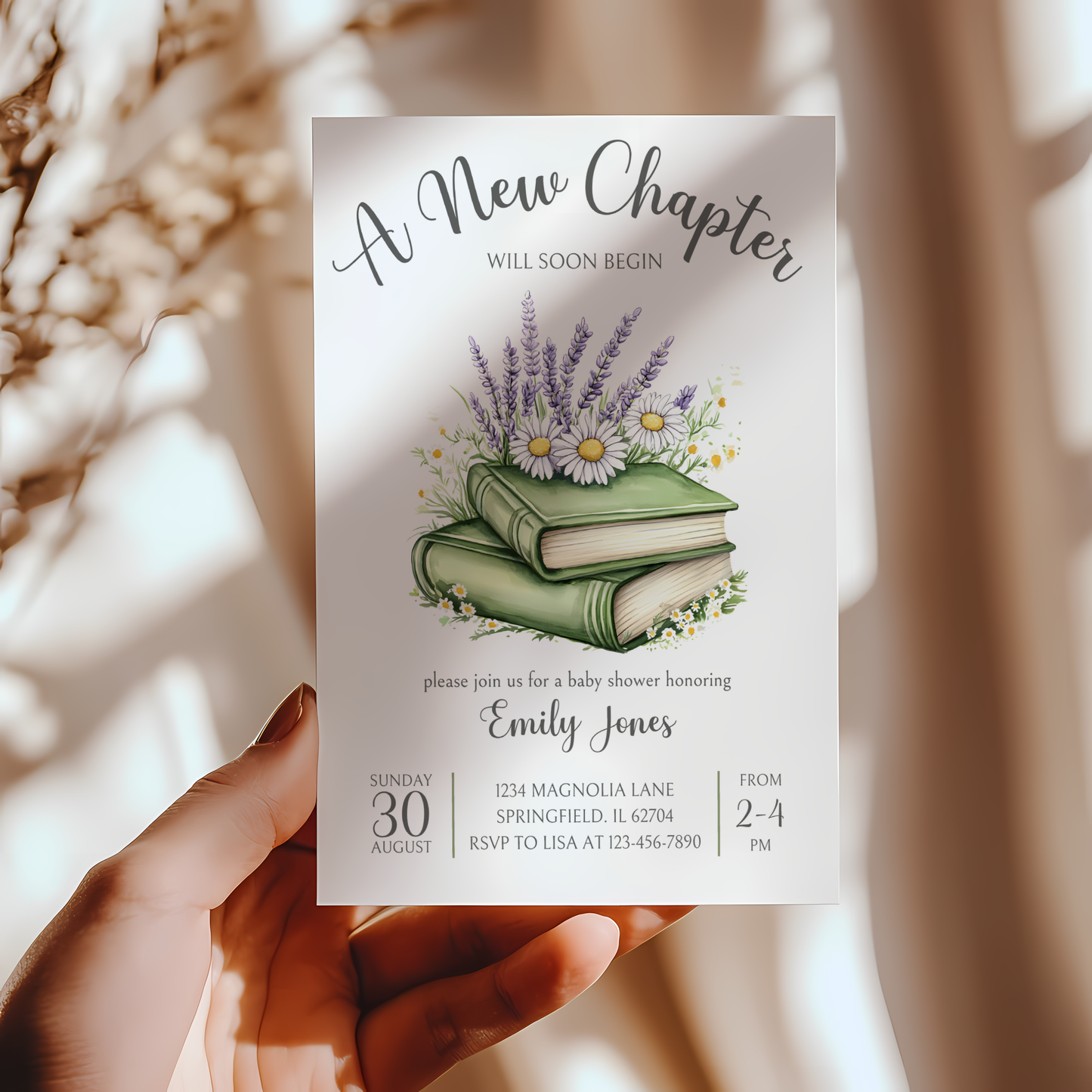 Baby Shower Invitation - A New Chapter Storybook Library Theme Green with Wildflowers BS73
