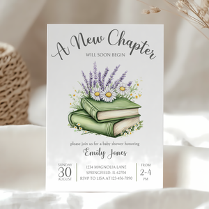 Baby Shower Invitation - A New Chapter Storybook Library Theme Green with Wildflowers BS73