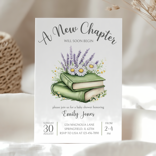 Baby Shower Invitation - A New Chapter Storybook Library Theme Green with Wildflowers BS73