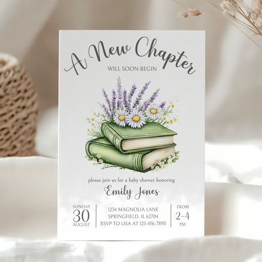 Baby Shower Invitation - A New Chapter Storybook Library Theme Green with Wildflowers BS73