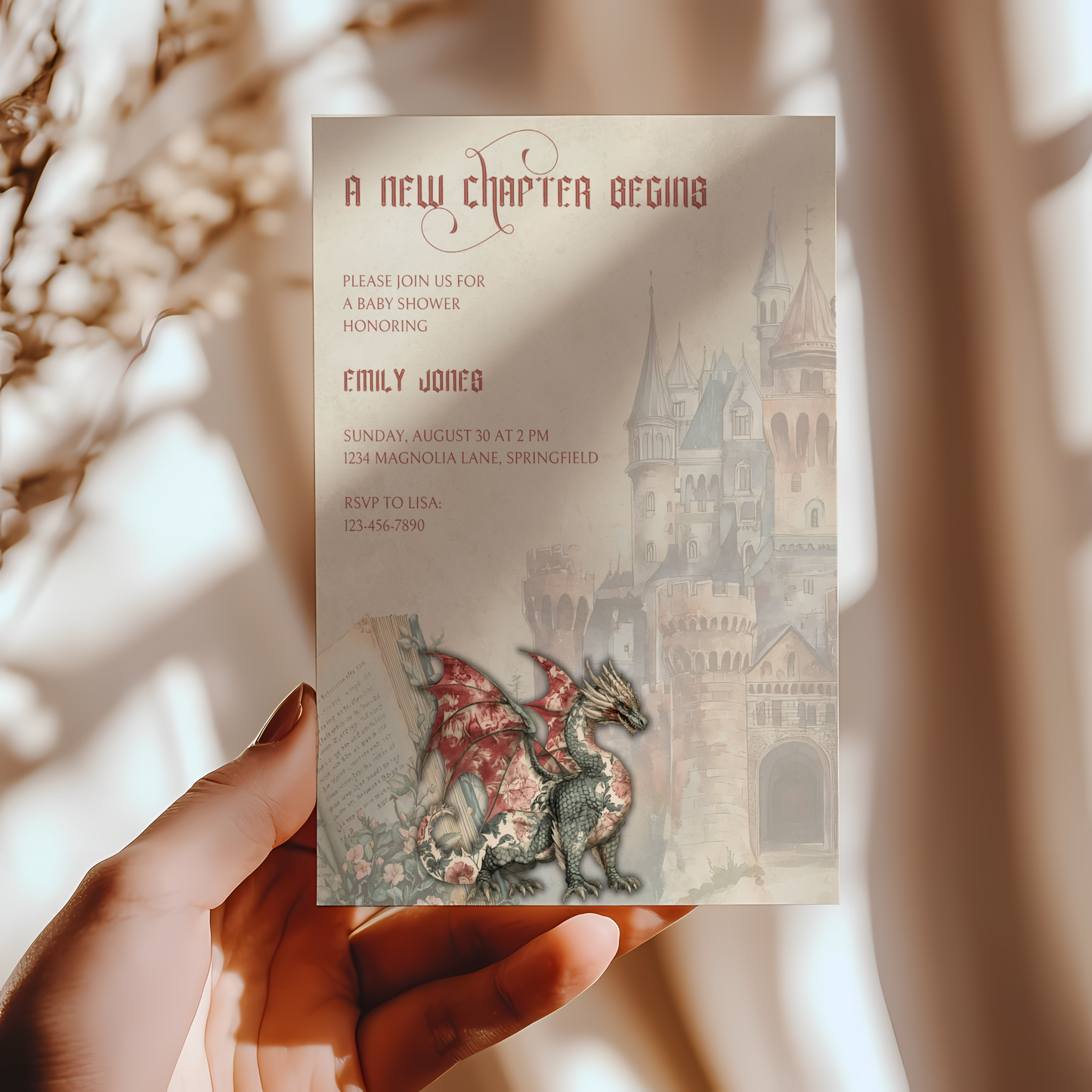 Baby Shower Invitation - A New Chapter Begins Vintage Storybook Dragon Fantasy Fairytale BS70