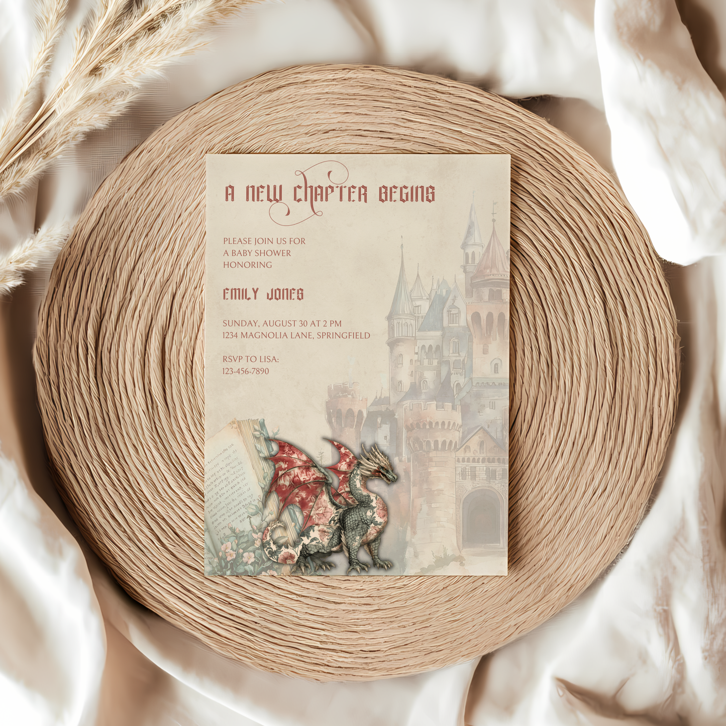 Baby Shower Invitation - A New Chapter Begins Vintage Storybook Dragon Fantasy Fairytale BS70