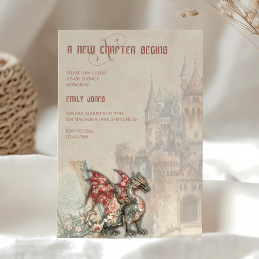 Baby Shower Invitation - A New Chapter Begins Vintage Storybook Dragon Fantasy Fairytale BS70