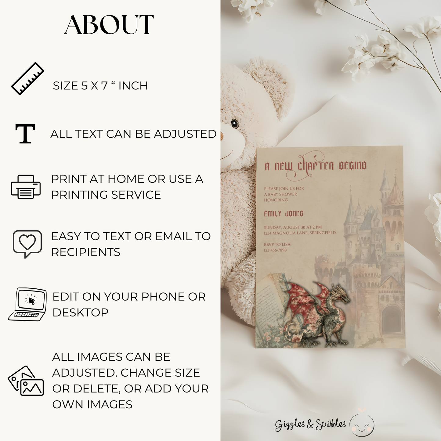 Baby Shower Invitation - A New Chapter Begins Vintage Storybook Dragon Fantasy Fairytale BS70