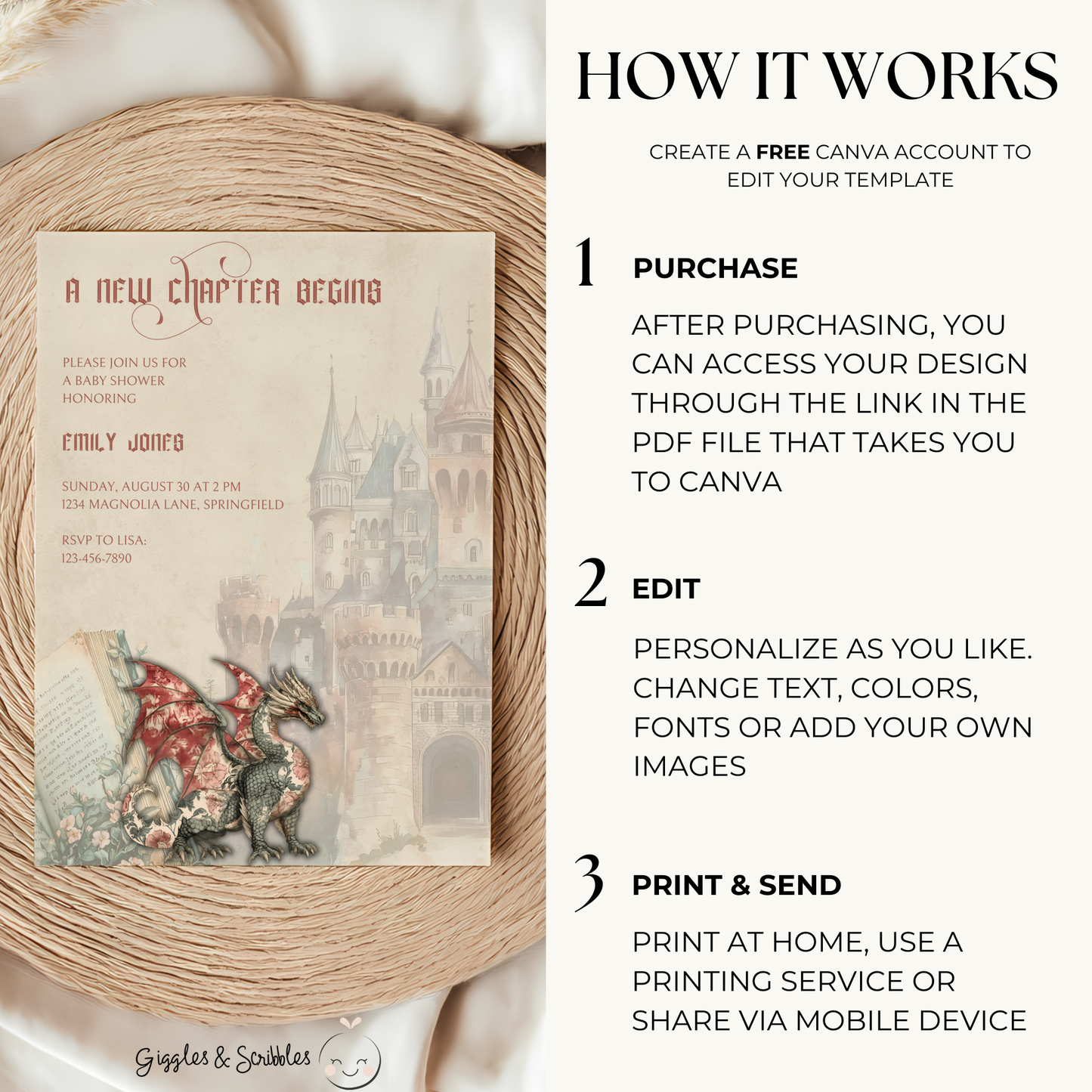 Baby Shower Invitation - A New Chapter Begins Vintage Storybook Dragon Fantasy Fairytale BS70