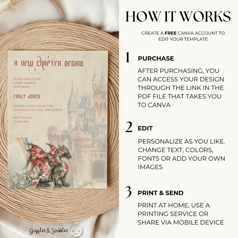 Baby Shower Invitation - A New Chapter Begins Vintage Storybook Dragon Fantasy Fairytale BS70