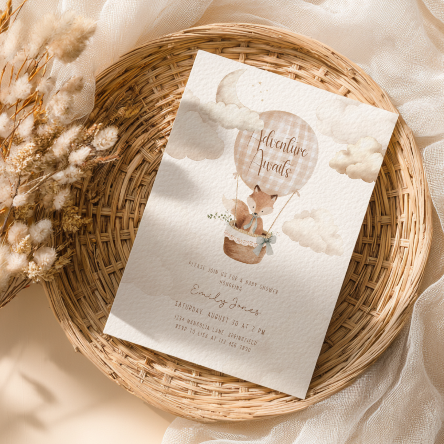 Hot Air Balloon Baby Shower Invitation with Woodland Fox BS272