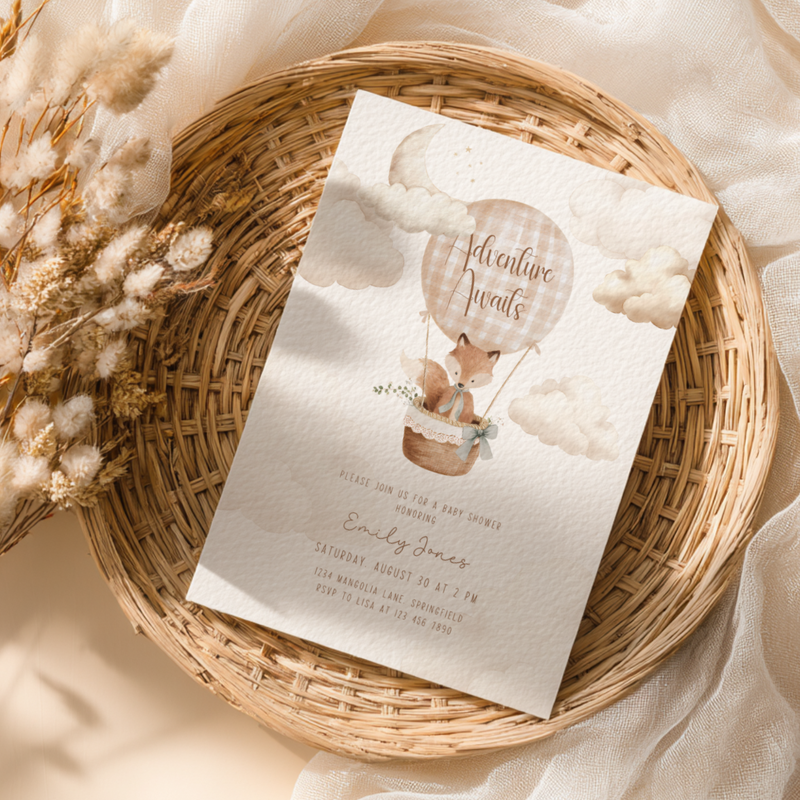 Hot Air Balloon Baby Shower Invitation with Woodland Fox BS272