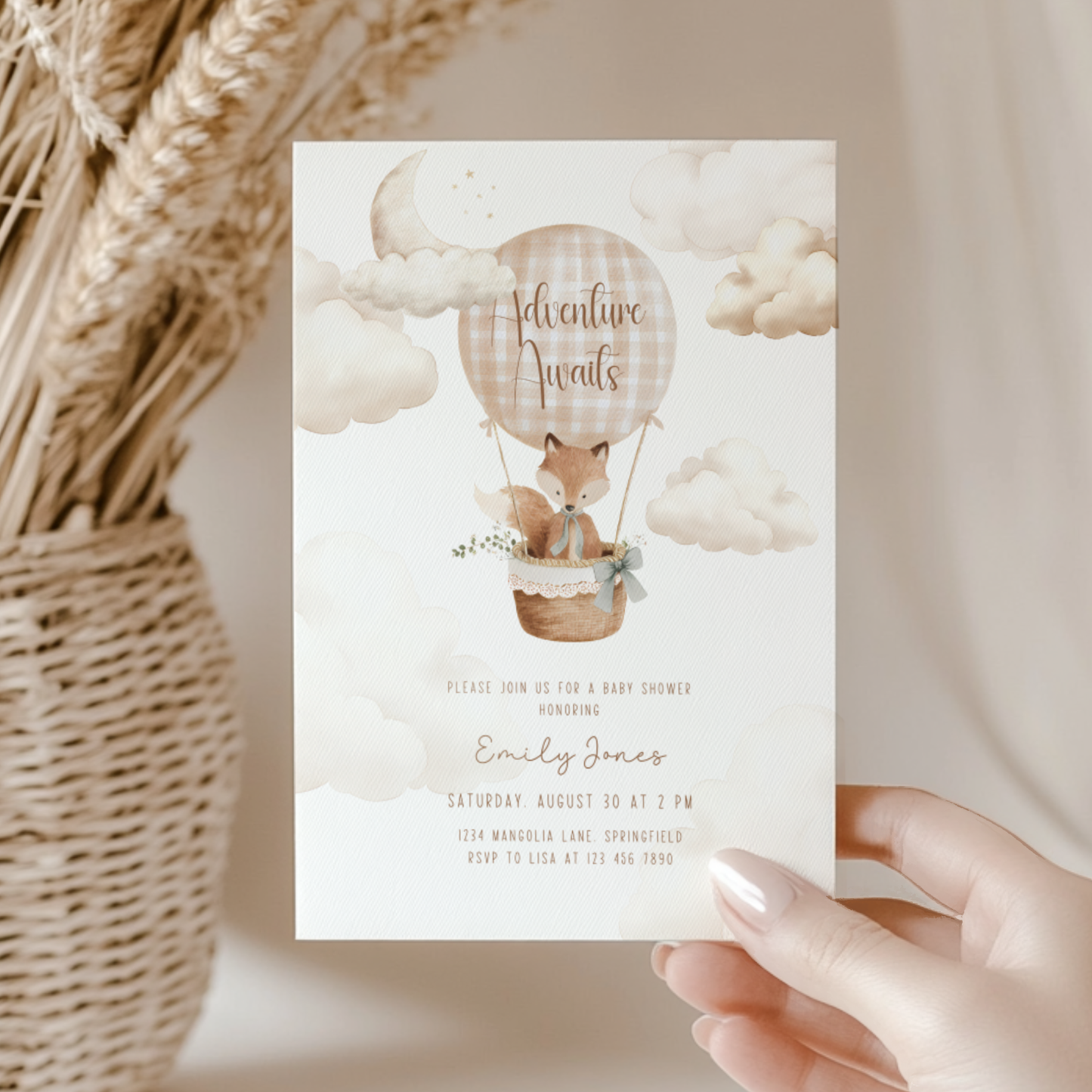 Hot Air Balloon Baby Shower Invitation with Woodland Fox BS272