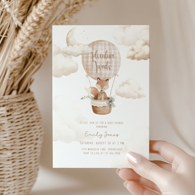 Hot Air Balloon Baby Shower Invitation with Woodland Fox BS272