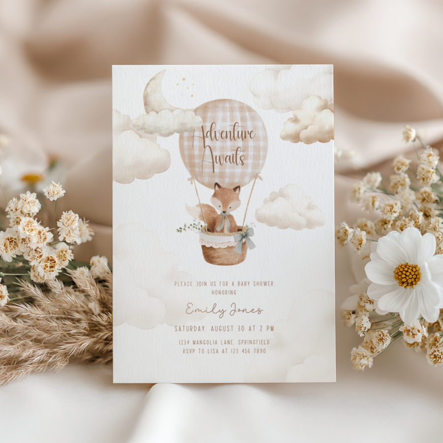 Hot Air Balloon Baby Shower Invitation with Woodland Fox BS272