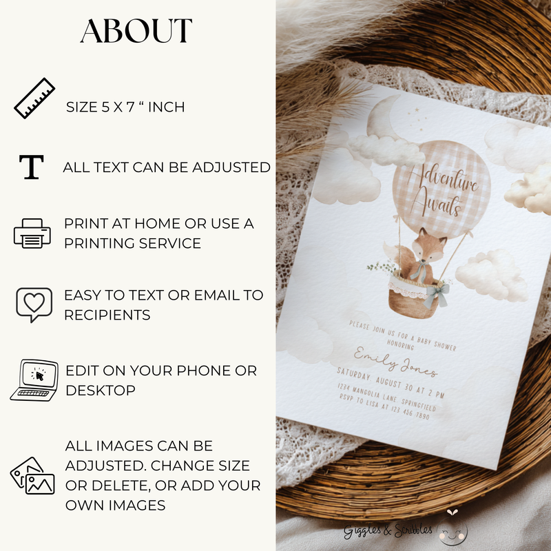 Hot Air Balloon Baby Shower Invitation with Woodland Fox BS272