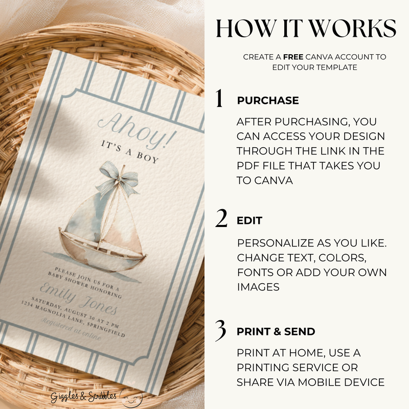 Ahoy It's a Boy Sailor Boat Baby Shower Invitation BS262