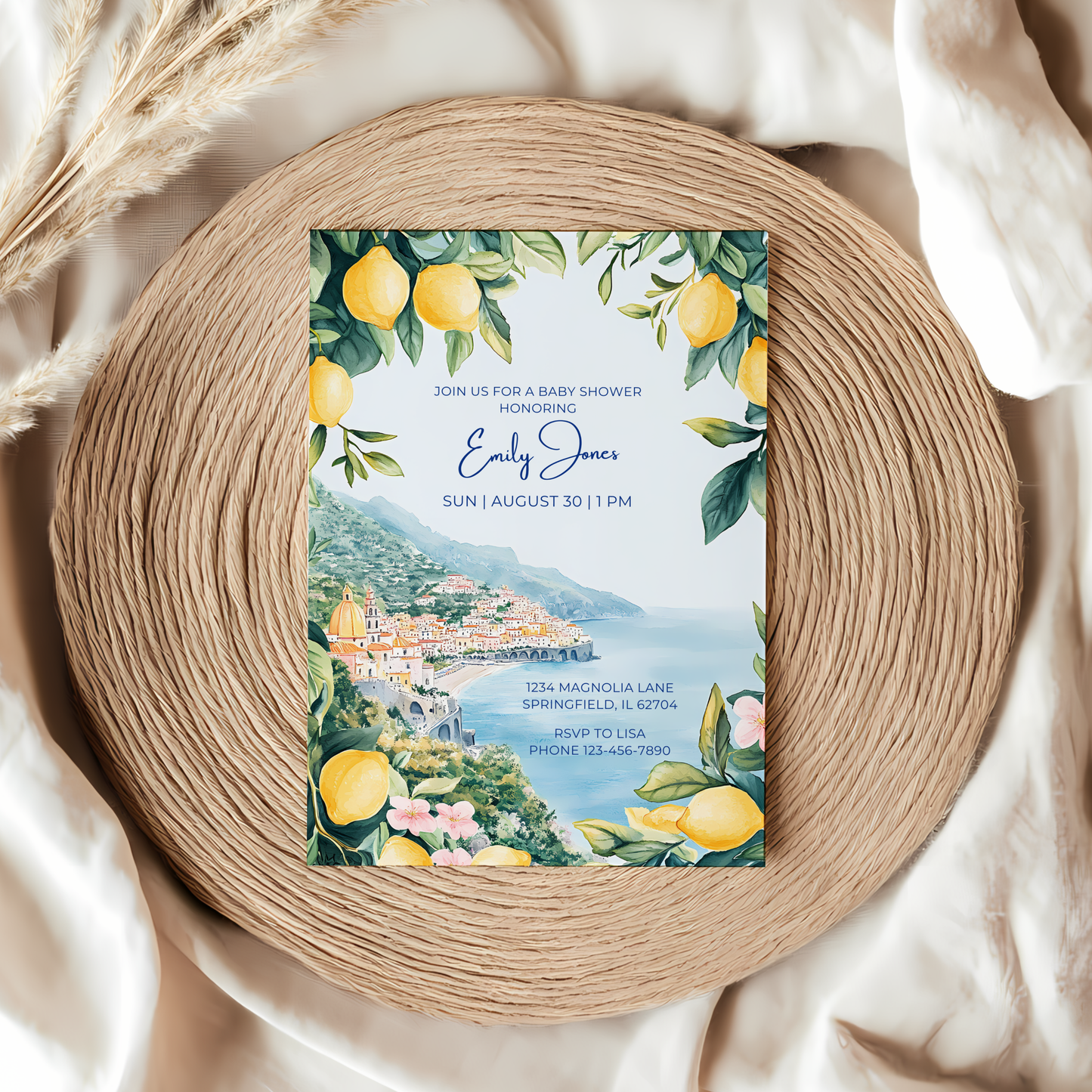 Baby Shower Invitation - Amalfi Coast Mediterranean Lemons Italy BS101